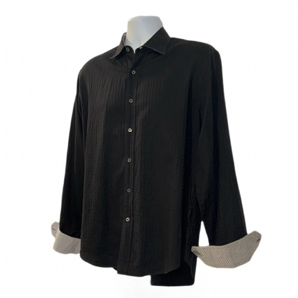 Bugatchi Uomo Shaped Fit Dress Shirt Black Geometric Texture Size Large - Picture 4 of 9